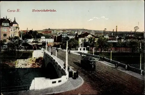 Ak Gera in Thüringen, Heinrichsbrücke, Straßenbahn