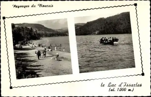 Ak Issarlès Ardèche, See, Ruderboot, Uferspaziergänger