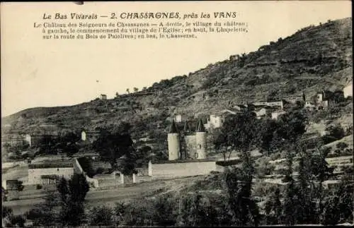 Ak Chassagnes Les Vans Ardèche, Ortsansicht, Schloss, Kirche