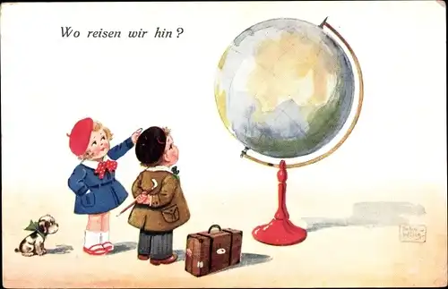 Künstler Ak Wills, John, Wo reisen wir hin, Kinder betrachten Globus