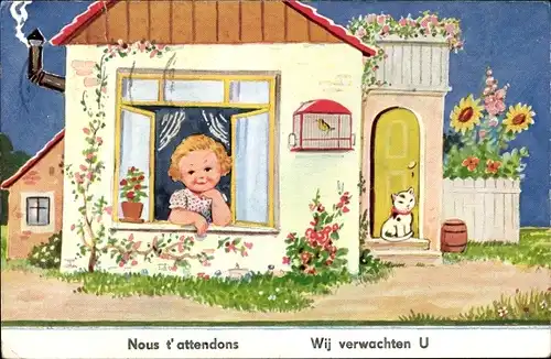 Künstler Ak Wills, John, Mädchen schaut aus einem Haus, Blumen, Katze