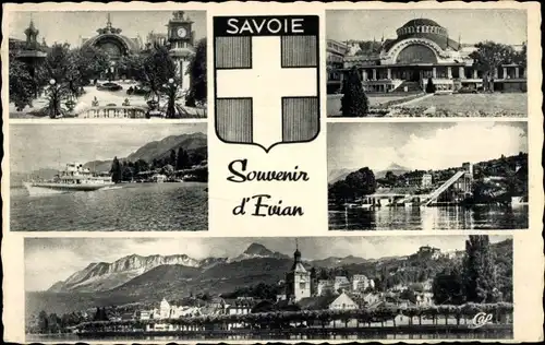 Wappen Ak Évian les Bains Haute Savoie, Casino, Cachat-Quelle, Schiff Lausanne