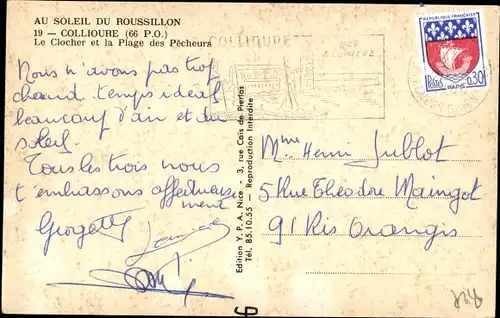 Ak Collioure Pyrénées-Orientales, Au Soleil de Roussillon, Glockenturm, Fischerstrand