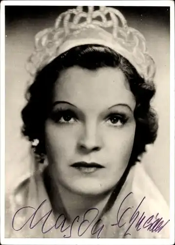 Foto Schauspielerin Magda Schneider, Portrait mit Krone, Autogramm