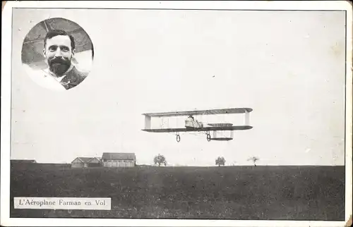 Ak Farman Flugzeug im Flug, Pilot, Doppeldecker, Flugpioniere