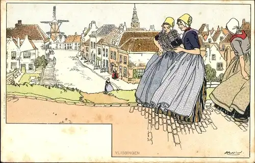 Künstler Litho Cassiers, H., Vlissingen Zeeland Niederlande, Frauen in Trachten, Windmühle