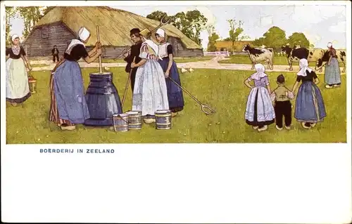 Künstler Litho Cassiers, H., Zeeland, Boerderij in Zeeland, Bauernhof, Butterfass, Trachten