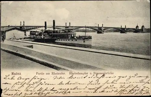 Ak Mainz am Rhein, Rheinufer, Dampfer, Straßenbrücke