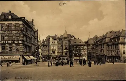 Ak Mainz am Rhein, Liebfrauenkirche, Geschäft Max Friedeberg, Straßenbahn