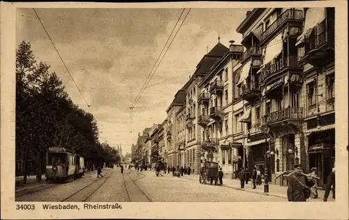 Ak Wiesbaden in Hessen, Rheinstraße, Hotel, Straßenbahn