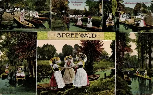 Ak Lübben im Spreewald, Lübbenauer Kaupen, Frauen in Tracht, Abfahrtstelle