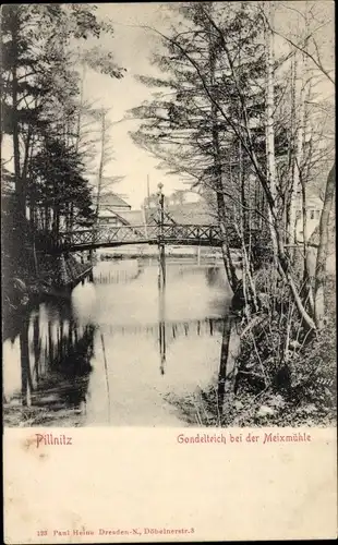 Ak Dresden Pillnitz, Meixmühle im Friedrichsgrund, Gondelteich, Brücke