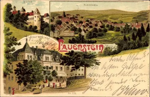 Litho Lauenstein im Müglitztal Altenberg, Burg, Stadtpanorama, Hotel Stadt Teplitz