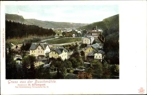 Ak Buschmühle Schmiedeberg Osterzgebirge, Ortspanorama, Gasthaus