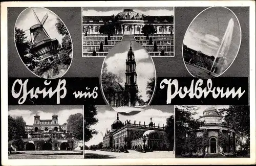 Ak Potsdam, Historische Mühle, Sanssouci, Garnisonkirche, Orangerie, Neues Palais, Tempel