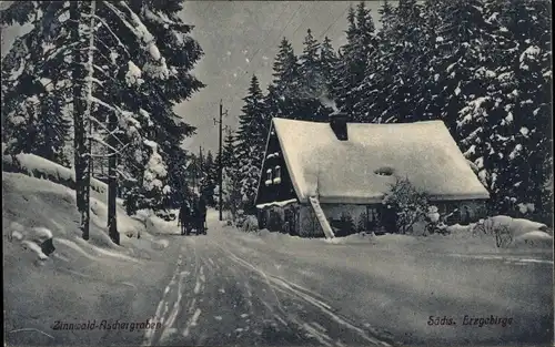 Ak Zinnwald Georgenfeld Altenberg im Erzgebirge, Aschergraben, Winter