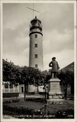 Ak Baltijsk Pillau Ostpreußen, Leuchtturm, Großer-Kurfürst-Denkmal
