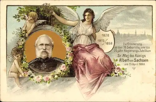 Litho König Albert von Sachsen 1828-1898, 70jähriges Jubiläum, Engel