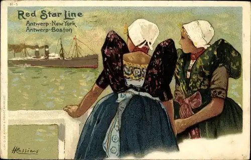 Künstler Litho Cassiens, Dampfer, Red Star Line, Antwerpen New York Boston, niederländische Trachten