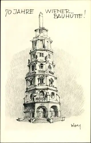 Künstler Ak Leopold Wolf, Schmierbuch Architektenvereinigung Wiener Bauhütte 70 Jahrfeier 1932, Turm