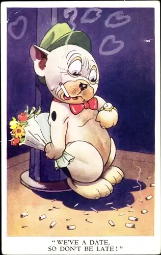 Ak Bonzo der Hund mit Blumenstrauß, Zigaretten