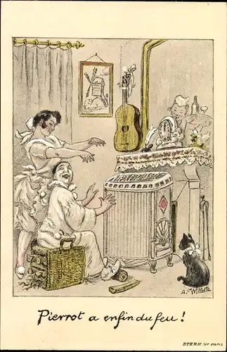 Künstler Ak Pierrot, Wohnstube, Frau, Gitarre, Schwarze Katze