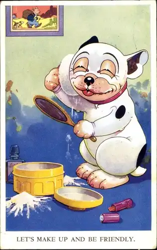 Ak Hund Bonzo macht sich hübsch, Kosmetika, Spiegel