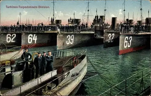 Ak Deutsche Kriegsschiffe, Turbinen Torpedoboots Division, 63, 32, 39, 64, 62, Kaiserliche Marine