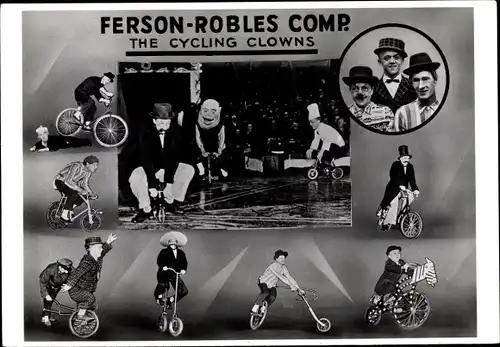 Ak Ferson Robles Comp., fahrradfahrende Clowns