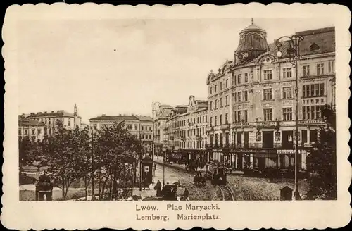 Ak Lwiw Lwów Lemberg Ukraine, Marienplatz, Straßenbahn