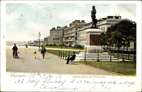 Ak Plymouth Devon England, Promenade, Drake-Statue