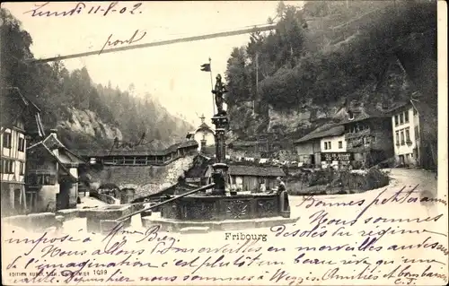 Ak Fribourg Freiburg Stadt Schweiz, Platz, Brunnen