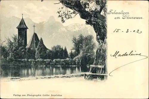 Ak Thun Kanton Bern Schweiz, Kirche Scherzligen, Thunersee