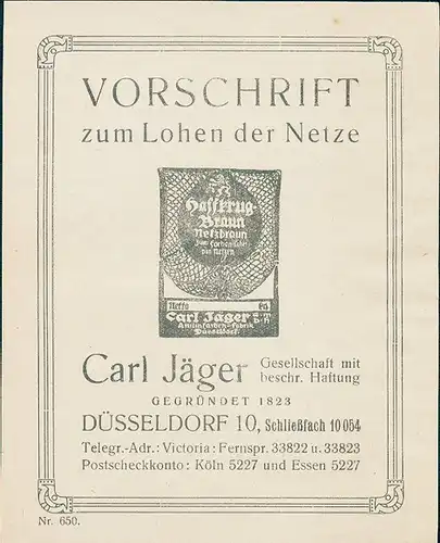 Werbeheft Netzfarben von der Carl Jäger GmbH, Katalog von farbigen Netzen