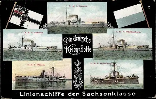 Ak Deutsche Kriegsschiffe, Linienschiffe der Sachsenklasse, SMS Oldenburg, Baden, Bayern