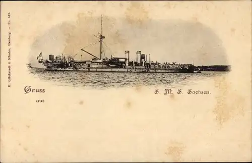 Ak Deutsches Kriegsschiff, SMS Sachsen, Panzerschiff, 4 Schornsteine, Kaiserliche Marine