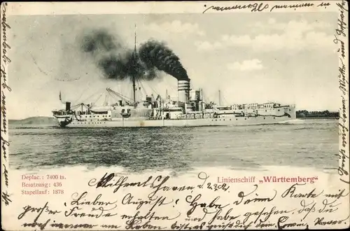 Ak Deutsches Kriegsschiff, SMS Württemberg, Panzerschiff, nach Umbau, Kaiserliche Marine