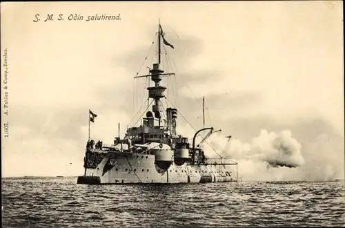 Ak Deutsches Kriegsschiff, SMS Odin, Küstenpanzerschiff, Salutschüsse, Kaiserliche Marine