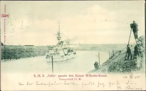 Ak Deutsches Kriegsschiff SMS Odin, Panzerschiff IV. Kl., Kaiser Wilhelm Kanal, Kaiserliche Marine
