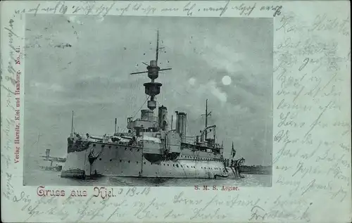 Mondschein Ak Deutsches Kriegsschiff, SMS Aegir, Küstenpanzerschiff, Kiel, Kaiserliche Marine