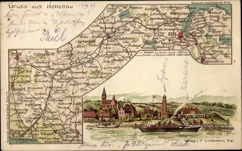 Landkarten Litho Holtenau Kiel, Kaiser Wilhelm Kanal, Leuchtturm