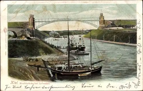 Ak Kiel, Hochbrücke bei Levensau, Kaiser Wilhelm Kanal, Schiff