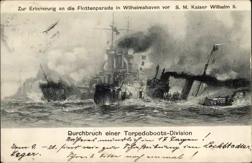 Ak Deutsche Kriegsschiffe, Flottenparade in Wilhelmshaven, Durchbruch einer Torpedoboots-Division