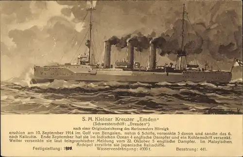 Künstler Ak Hörnigk, Deutsches Kriegsschiff, SMS Emden, Kleiner Kreuzer, Kaiserliche Marine
