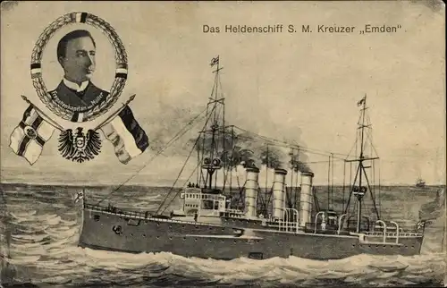 Ak Deutsches Kriegsschiff, SMS Emden, Kreuzer, Heldenschiff, Fregattenkapitän von Müller