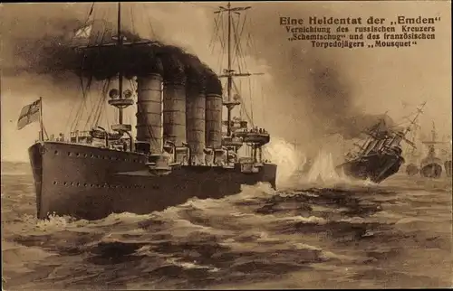 Ak Deutsches Kriegsschiff SMS Emden, russ. Kreuzer Schemtschug, französ. Torpedojäger Mousquet