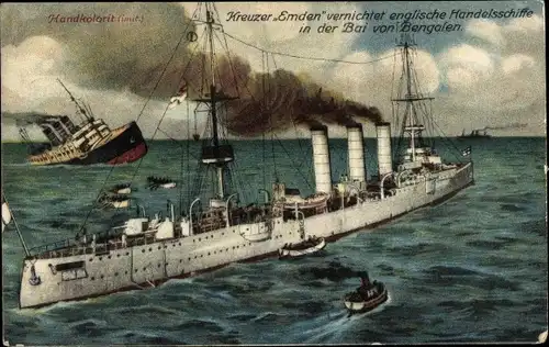 Ak Deutsches Kriegsschiff, SMS Emden, kleiner Kreuzer, Vernichtung englischer Handelsschiffe