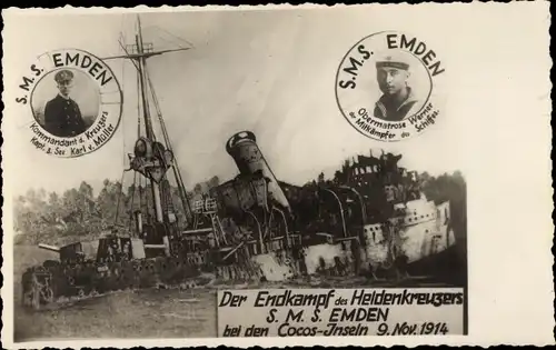 Foto Ak Deutsches Kriegsschiff SMS Emden, Kapitän von Müller, Obermatrose Werner, Kaiserliche Marine