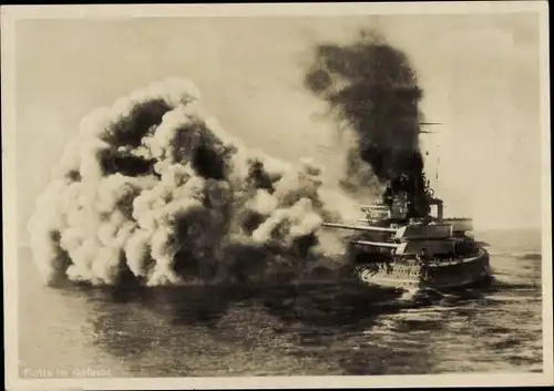 Ak Deutsches Kriegsschiff SMS Kaiser, Skagerrak-Schlacht, Breitseite feuernd, Kaiserliche Marine
