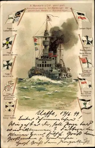 Passepartout Litho Deutsches Kriegsschiff SMS Aegir, Flaggen, Signalfahnen, Kaiserliche Marine